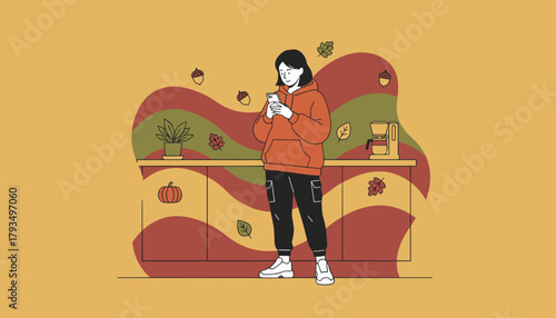 Woman using smartphone in cozy autumn kitchen with pumpkin and fall leaves decor