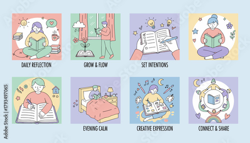 Selfcare routines reading journaling and creativity illustrations for mental wellness and personal growth