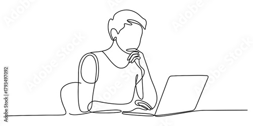 Continuous line drawing of a focused young person working on a laptop, contemplating ideas, modern digital design concept on white background Vector
