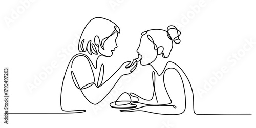 Continuous one line drawing art of a person feeding another, portraying care, nourishment, and connection in a simple, minimalist style Vector