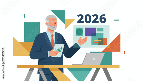 Professional executive presenting the 2026 business plan and financial analysis