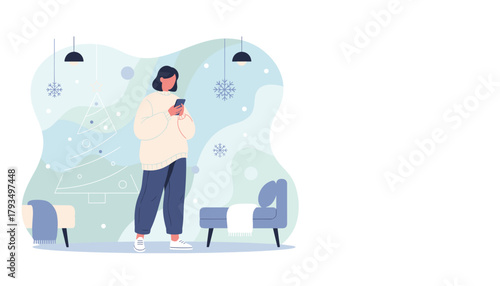 Woman using phone in cozy winter room with Christmas tree outline and hanging snowflakes decoration
