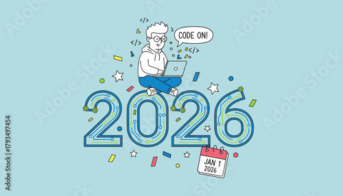 Happy New Year 2026 tech illustration Developer coding on circuit board numbers