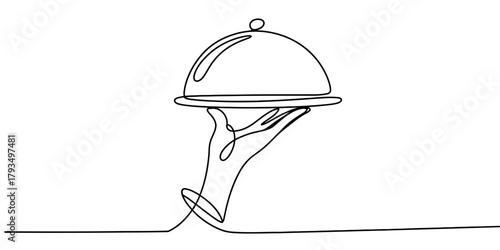 Continuous line drawing of a human hand holding a cloche food serving platter, symbolizing premium restaurant service and culinary presentation Vector