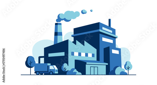 Modern flat design factory illustration with smokestack and logistics truck