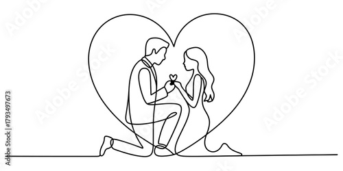 Continuous line drawing of a man proposing to a woman with a small heart, romantic gesture, symbol of love and marriage proposal in abstract heart shape. minimalist art. Vector
