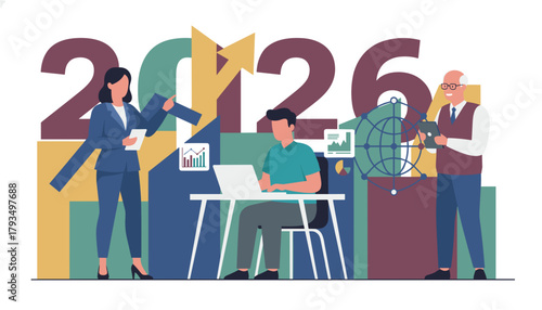 Business team plans 2026 strategy for growth finance and global technology success