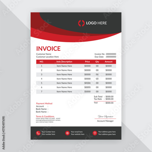 Professional corporate business invoice design with abstract geometric shapes, Print accounting or finance documents ready for payments and budgeting. Modern and creative office invoice template