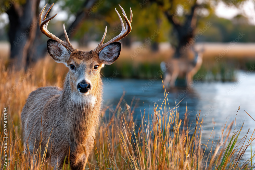 Obraz premium White Tailed Deer Buck by Water with Another Deer