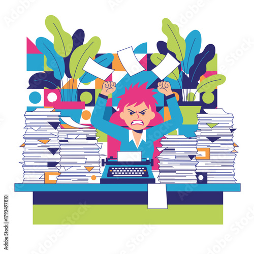 Frustrated person overwhelmed by excessive paperwork and stress at the office desk vector illustration