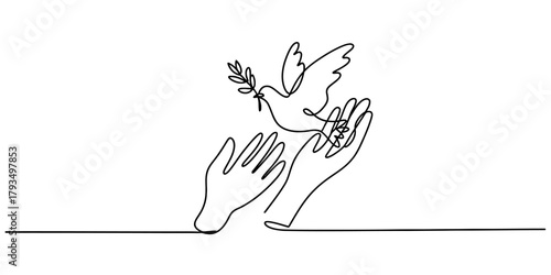 Continuous line drawing of two hands releasing a dove carrying an olive branch, symbolizing peace, hope, and freedom, on a clean white background. Vector