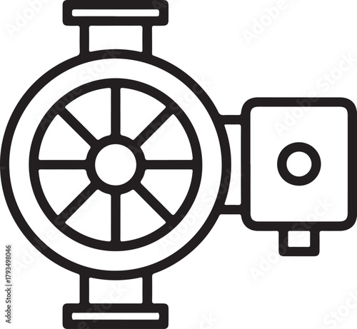 Mechanical pump icon with wheel and rectangular motor component, representing industrial fluid transfer and hydraulic systems in line art style