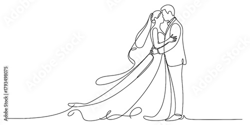 Continuous line drawing of a loving bride and groom sharing a tender kiss, embracing on their wedding day, symbolizing eternal love and commitment Vector