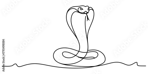 Continuous line drawing of a majestic cobra snake with its hood raised, tongue extended, a symbol of power, danger, and exotic wildlife. Vector