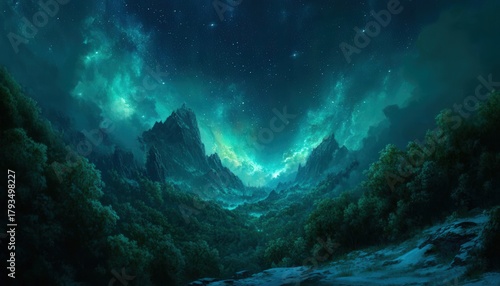 Wallpaper Mural Mystical aurora illuminates a deep mountain valley landscape under a starry night sky Torontodigital.ca