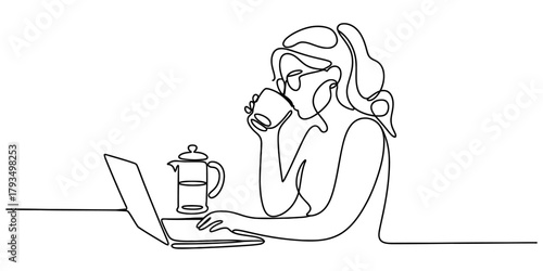 Continuous line art drawing of a woman working on a laptop, drinking from a cup, with a coffee press, symbolizing remote work and productivity. Vector