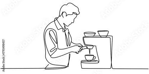 Continuous line drawing of a man preparing rich espresso coffee using a professional machine, pouring into a cup, illustrating skill and morning ritual Vector