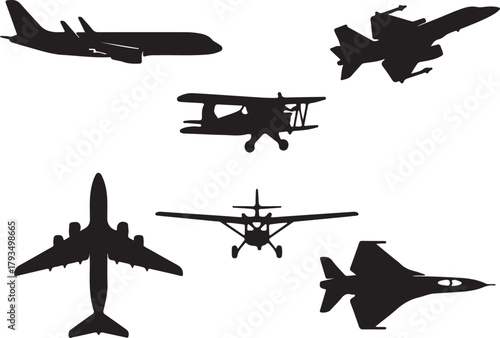 Silhouette Collection of Diverse Aircraft Including Passenger Jet Biplane and Fighter Jets airplane on transparent background