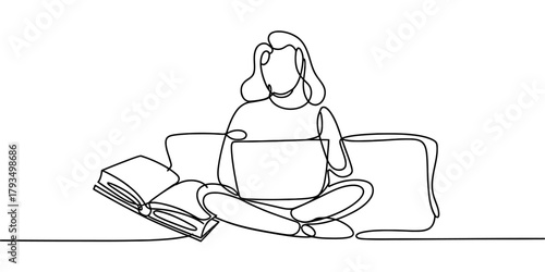 Continuous line drawing of a person sitting comfortably with a laptop and open book, symbolizing remote work, online learning, and digital education Vector