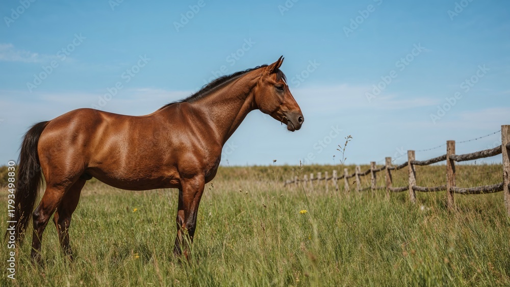 Fototapeta premium A horse standing in a grassy field near a wooden fence under a clear blue sky.