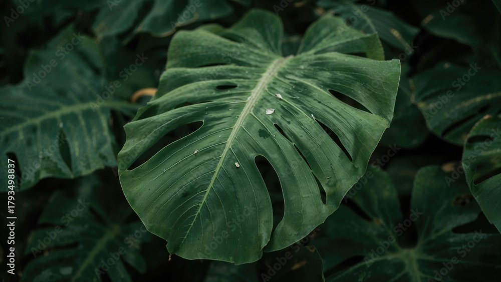Fototapeta premium Close-up of a Monstera leaf with distinctive lobes and holes, surrounded by dark green foliage.
