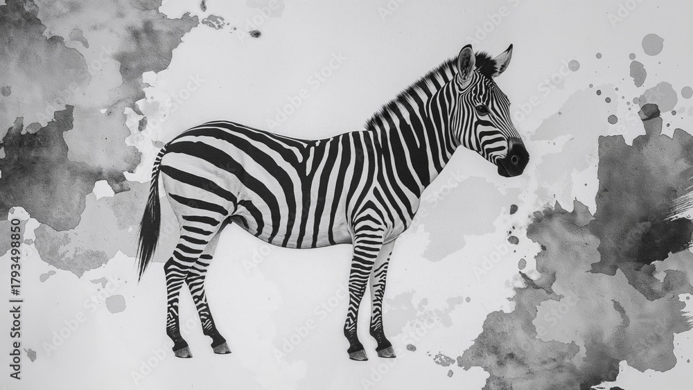 Fototapeta premium Black and white zebra illustration with watercolor background.