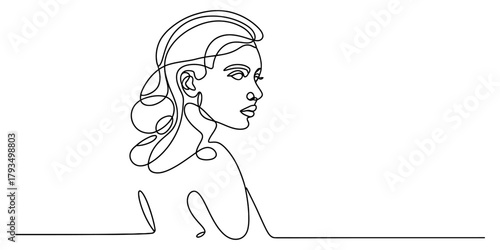 Continuous line art portrait of a young woman with elegant hairstyle looking away, minimalist aesthetic design on white background, simple artistry Vector