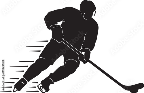 Silhouette of an ice hockey player skating and shooting with motion lines skater on transparent background
