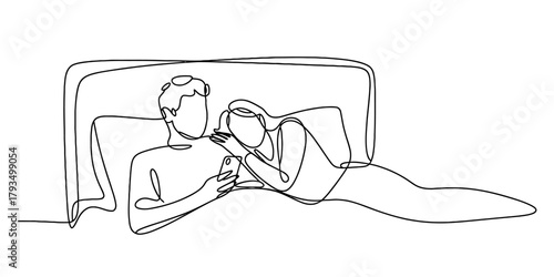 Continuous line art drawing of couple in bed, man holding smartphone, woman leaning, depicting modern relationship, technology use, intimacy Vector