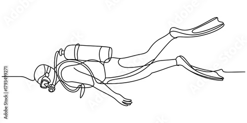 Scuba diver swimming underwater in a continuous line art style, showcasing the active lifestyle and adventure of ocean exploration Vector