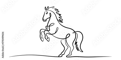 Continuous line art drawing of a majestic rearing horse on a clean white background, showcasing elegance, strength, and minimalist beauty for design Vector