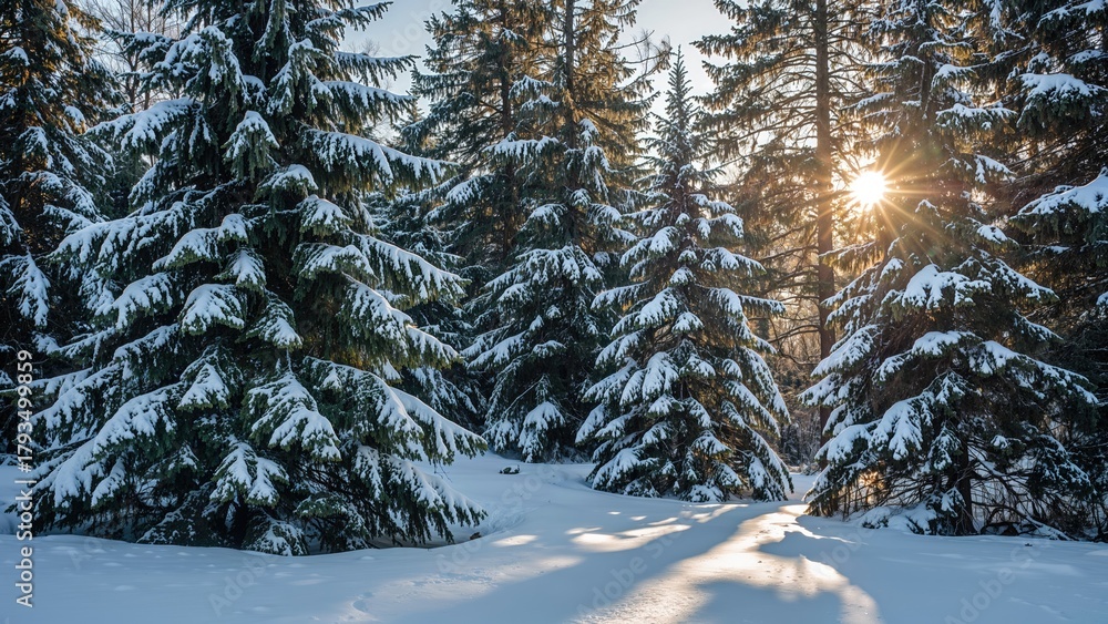 Naklejka premium Snow-covered pine trees in a winter forest with sunlight shining through. Nature scene with snow and forest. The season of winter and the beauty of nature.