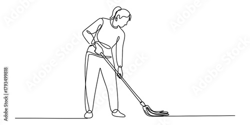 Continuous line drawing of a person mopping the floor. cleaning services, domestic worker, household chore, and hygiene concept illustration. Vector