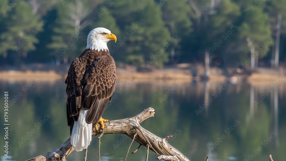 Fototapeta premium Bald eagle perched on a branch near water with a forested background. Wildlife and nature scene. Predatory bird in natural habitat. The image of a bird of prey outdoors.