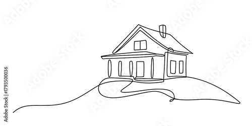 Continuous line drawing of a house on a hill, minimalist and modern black outline art for real estate, home ownership, and architectural concepts Vector