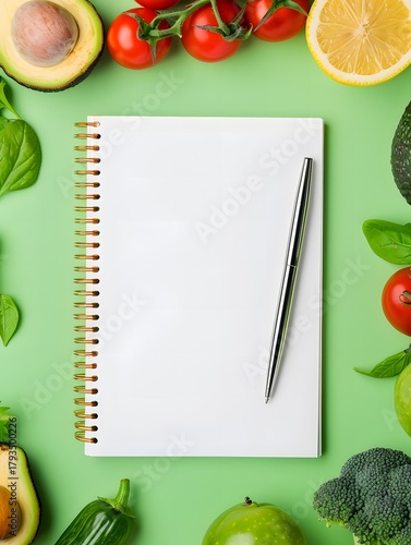 Top view of a blank spiral notebook with a pen surrounded by fresh vegetables and fruits like avocado and tomatoes on a green background for healthy meal planning and diet concepts.
