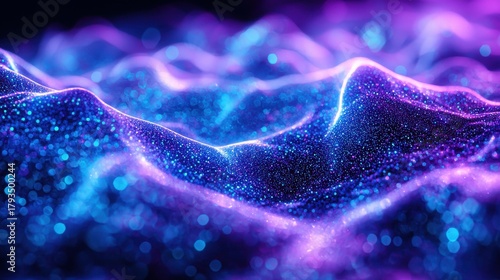 Laser speckle correlation wave formation with luminous particles in electric blue violet magenta wavelengths showcasing flowing interference patterns bokeh effects