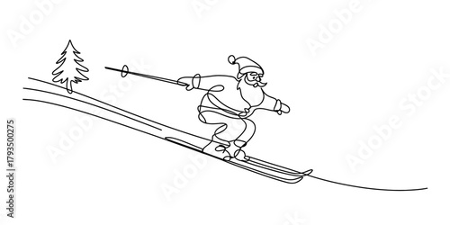 Single line drawing of santa claus skiing downhill on a snowy slope beside a small pine tree, minimalist christmas holiday winter sports fun. Vector