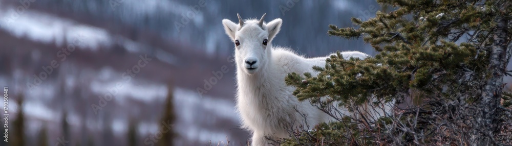 Fototapeta premium Young white horned mammal peers directly from behind dense evergreen foliage in a wild mountain setting