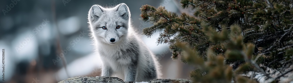 Naklejka premium Young white fox sits alertly among dark evergreen branches in a cold, natural setting
