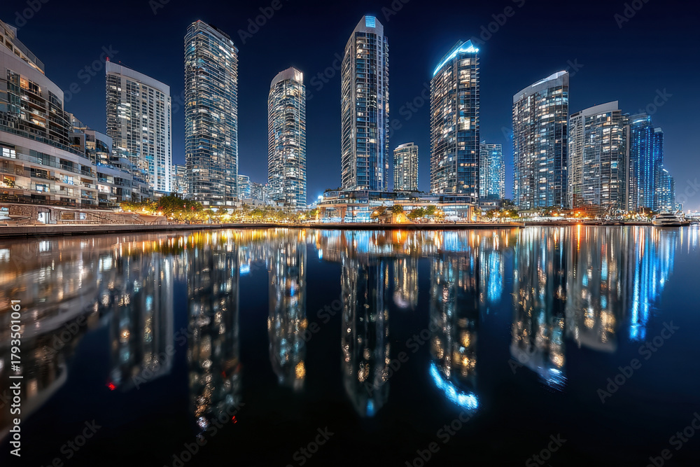 Obraz premium Modern Cityscape at Night with Reflections in Water