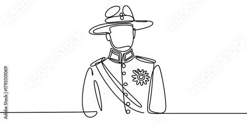 Continuous line art drawing of a military officer or formal official in a distinguished uniform with a hat and medal, symbolizing honor and authority. Vector