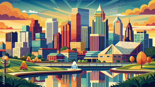 Very beautiful downtown skyline of Omaha, Nebraska, USA, featuring modern skyscrapers, urban architecture, and riverfront views, capturing the city’s vibrant metropolitan atmosphere and iconic landmar