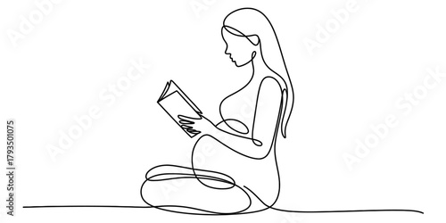 Continuous line drawing of a pregnant woman sitting and reading a book, focusing on prenatal education, calm relaxation and modern minimal art Vector