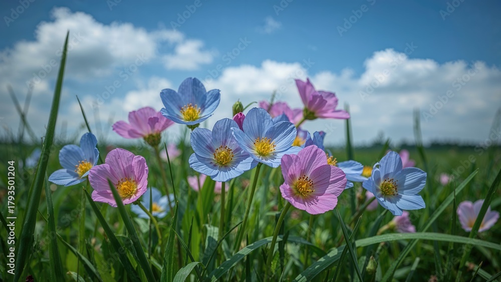 Fototapeta premium Colorful flowers in a field with blue sky and clouds, showcasing natural beauty and springtime.