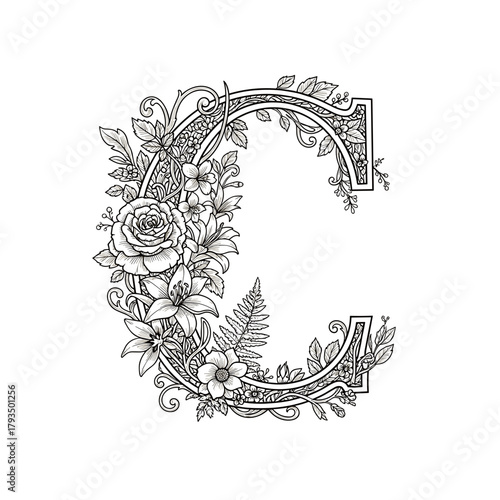 Letter C floral arrangement displays flower blossoms around a decorative capital C, with rose and lily bloom illustration. Letter C design incorporates blossoming flower and leaf arrangement,