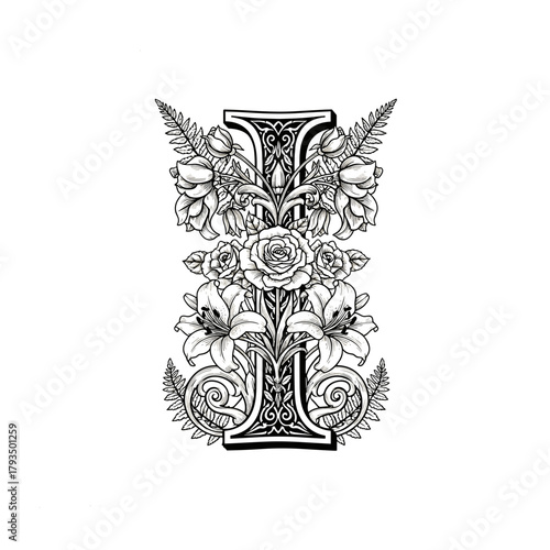 Intricate letter I with floral decorations, featuring roses, lilies and ferns, is truly captivating. Letter I surrounded by flowers makes great artistic impression. Use letter I in alphabet projects.
