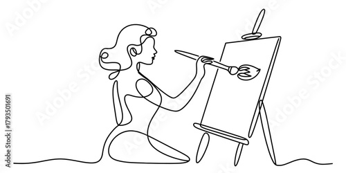 Continuous line drawing of a woman artist painting on an easel with a brush. minimalist one-line art illustration representing creativity. Vector