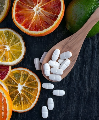 White vitamin pills on wooden spoon surrounded by fresh salmon and healthy food