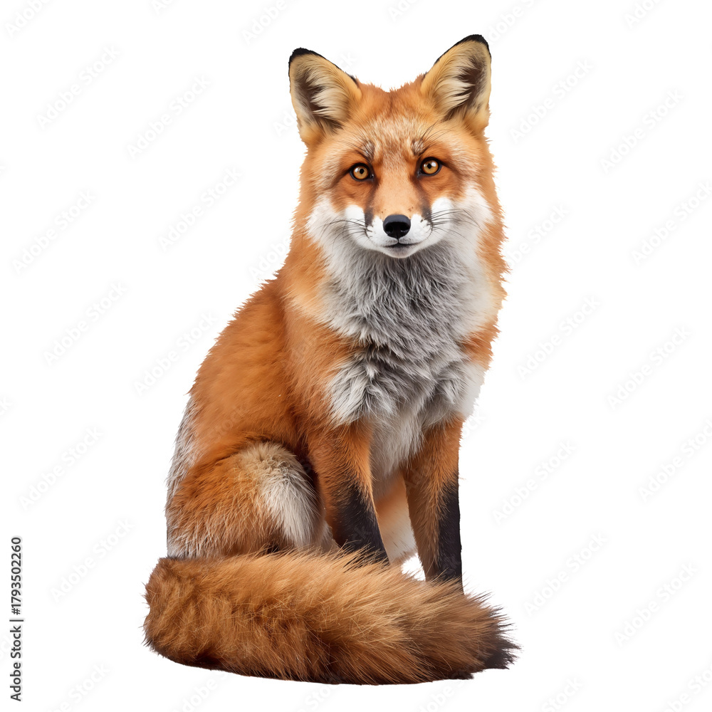 Fototapeta premium Red Fox Sitting Gracefully With Lush Orange Fur and Expressive Eyes in a Neutral Setting on transparent